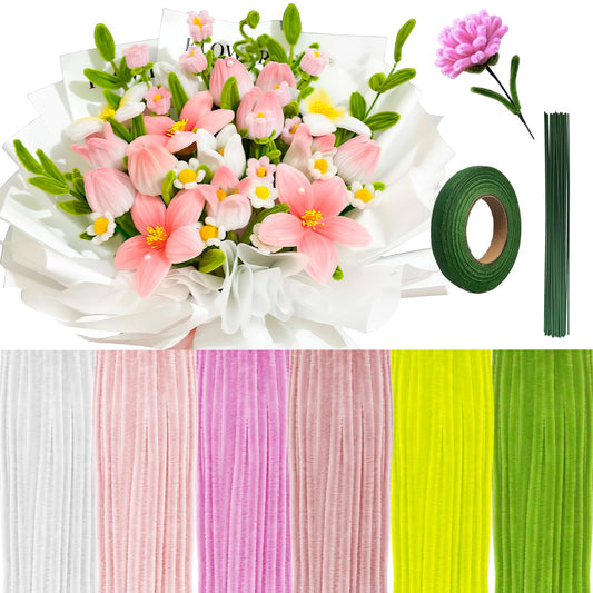 Pipe Cleaners Flowers Craft Kit,621Pcs Pastel Pipe Cleaners DIY Chenille Stems Makiflower stemsng kit with Flower Stems and Tape