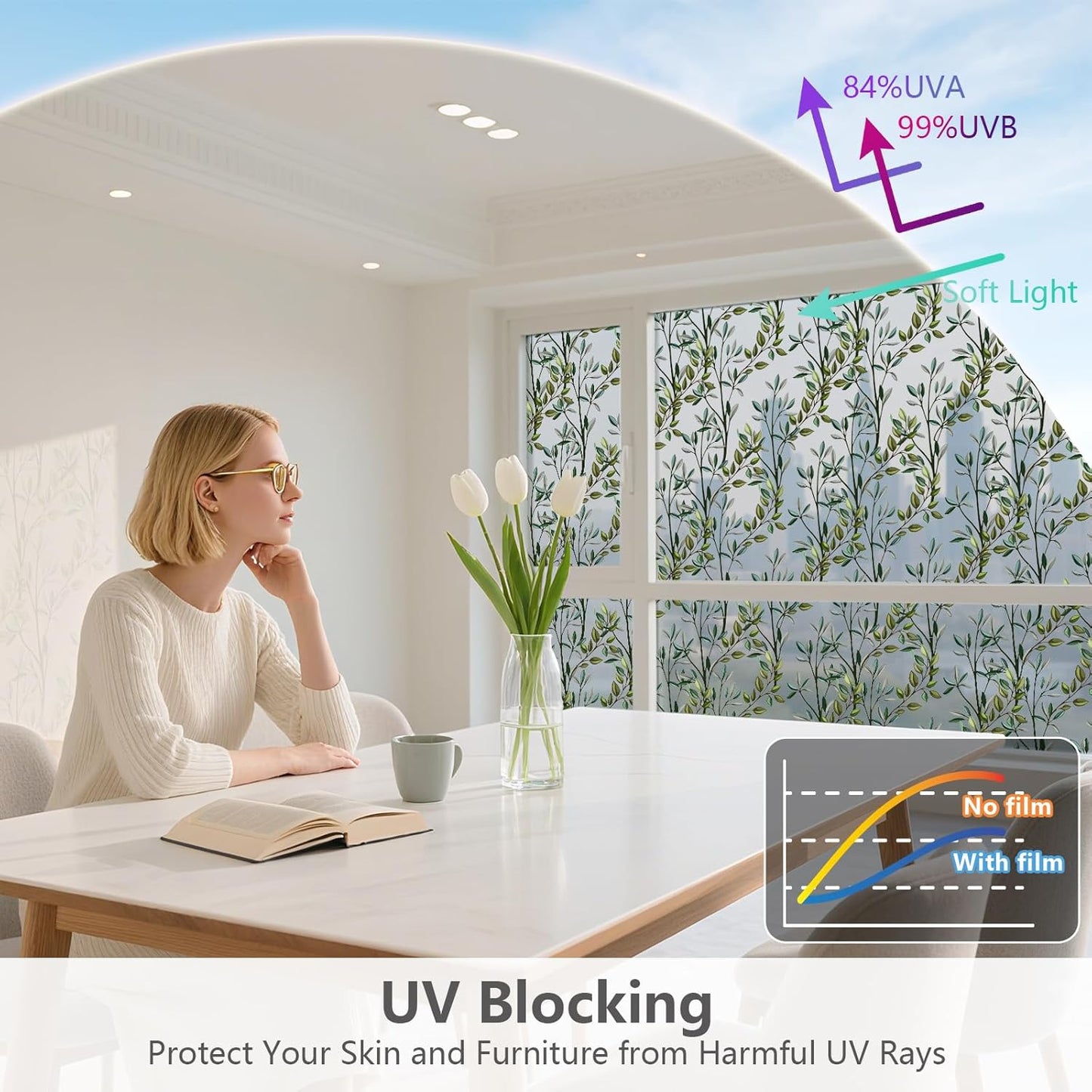 NINETREX One Way Window Privacy Film, Daytime Privacy Static Cling Sun Blocking Anti UV Reflective Window Tint for Home and Office 23.6 x 157.4 inches, Silver Leaf