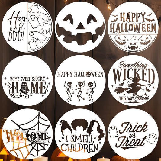 Halloween Stencils for Painting 12inch Large Reusable Halloween Stencil for Door Hanger Round Skeleton Ghost Boo Templates for Wood Walls Windows Door Mat Fabric