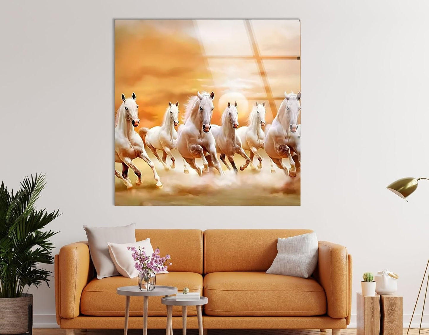 My Photostation.com 30Wx24H'' White Horses Running on Sunset Glass Wall ArtTempered Glass Printing Wall Decor Large Wall Art Wall Hangings