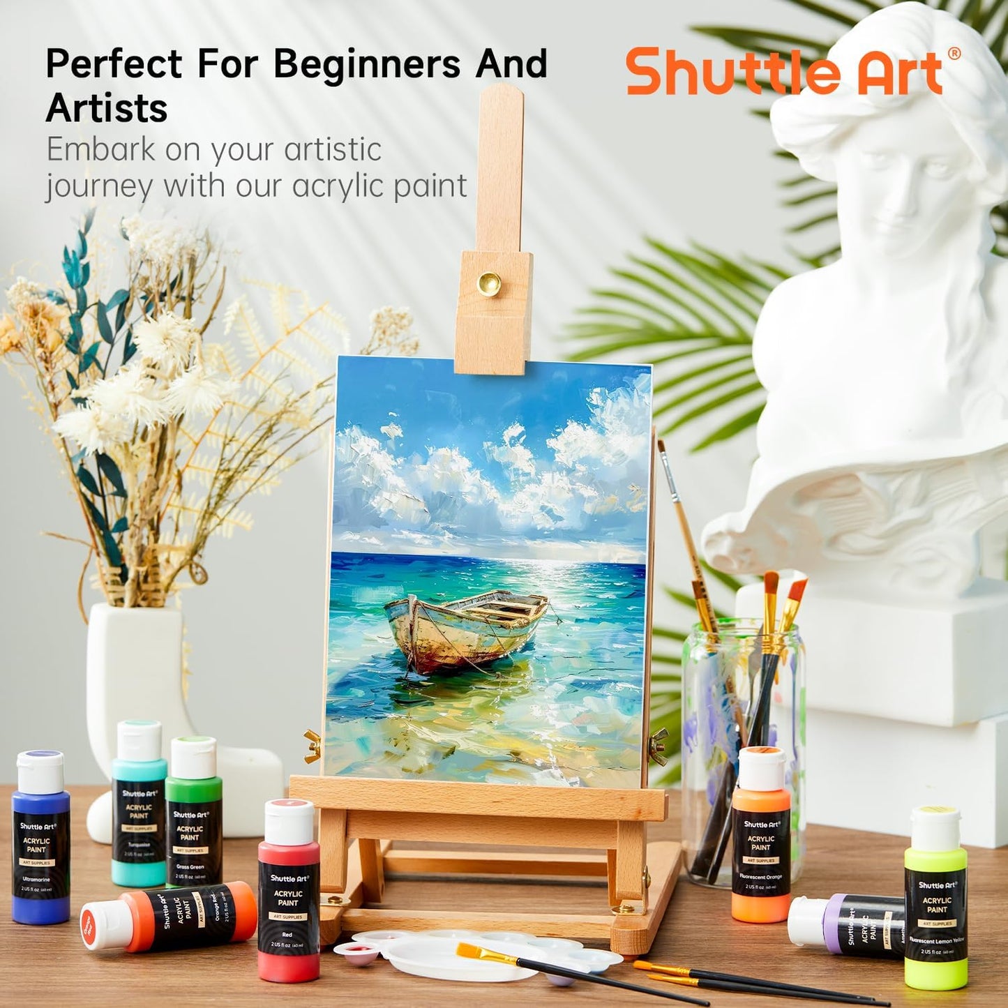 Shuttle Art Acrylic Paint Set, 36 Colors Acrylic Paint with Brushes & Palette, 2oz/60ml Bottles, Rich Pigments Non-toxic for Artists Kids & Adults, Painting on Canvas Rock Ceramic Wood
