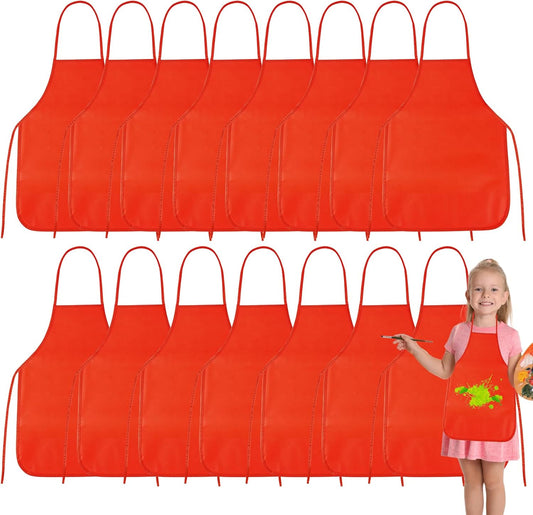 PLULON 15 Pcs Kids Apron Painting Aprons, Kids Aprons for Painting Red Apron Art Apron Smocks Bulk for Art Activity Craft Home Kitchen Classroom Party Supplies