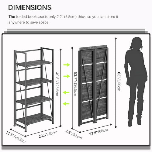 4NM No Assembly Folding Bookshelf Storage Shelves 4 Tiers Vintage Bookcase - Image 2