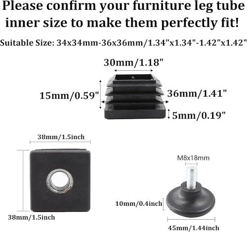 8Pcs Adjustable Leveling Feet 38 x 38mm Square Insert Kit Furniture Glide - Image 2
