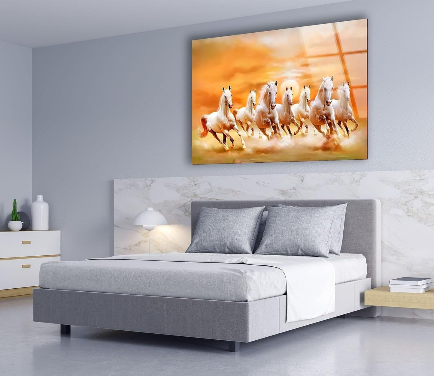 My Photostation.com Round 31,5'' White Horses Running on Sunset Glass Wall ArtTempered Glass Printing Wall Decor Large Wall Art Wall Hangings
