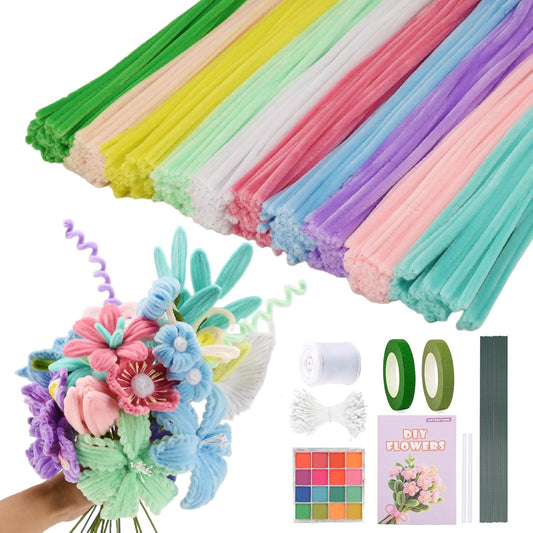 Pipe Cleaners Craft, 400pcs Pipe Cleaners with Flower Stems, Floral Tape, Ribbon, for Flower Bouquet DIY-Colorful