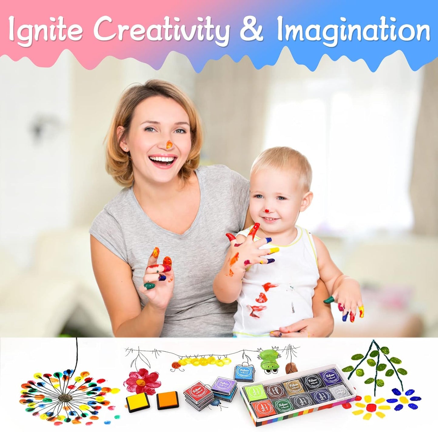 Finger Washable Ink Pads for Kids, 24 Pack Craft Ink Pad for Rubber Stamps Paper Wood Fabric (Pack of 24)