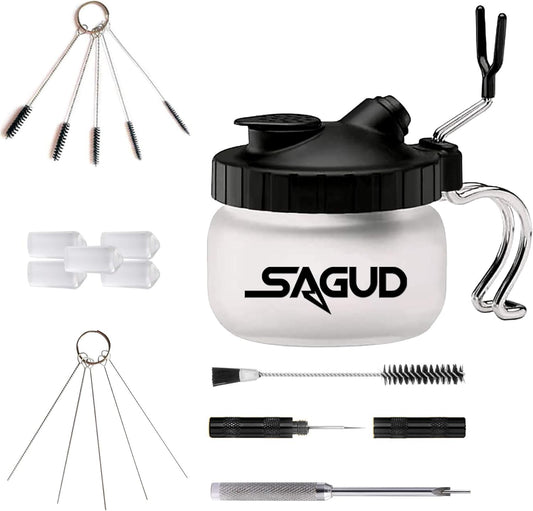 SAGUD 19 Piece Airbrush Cleaning Kit, Glass Airbrush Cleaning Pot with Holder, 5 Cleaning Brushes, 5 Cleaning Needles, 1 Washing Needle, 1 Repair Tool, Air Brush Protection Covers.