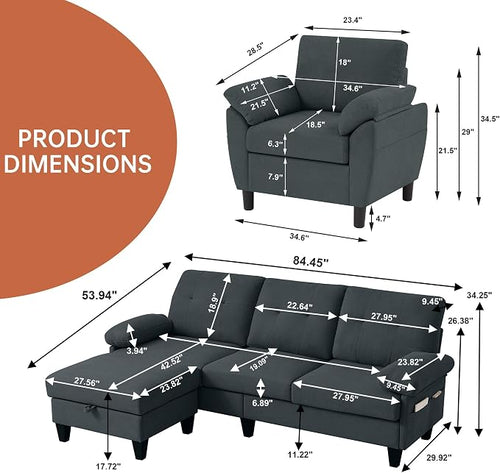 2 Piece Sectional Sofa Set, 3 Seat L Shaped Couches - Image 2