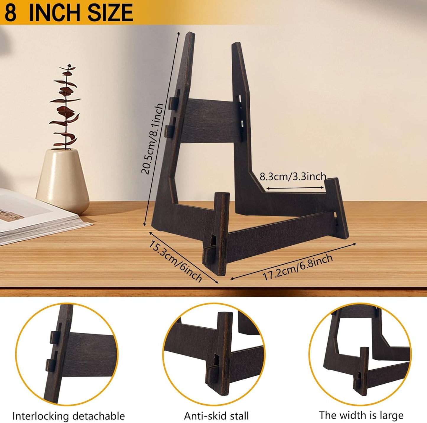 1 Pack 8 Inch Plate Stand, Wooden Display Stand Plate Stands for Display Decorative Picture Frame Stand, Easel Display Stand,Book Display Stand, Plate Holder Display Stand (8 Inch-1PCS)