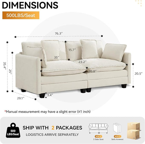 76'' Cloud Deep Seat Loveseat, Upholstered Chenille Modular 2-Seats Sectional - Image 2
