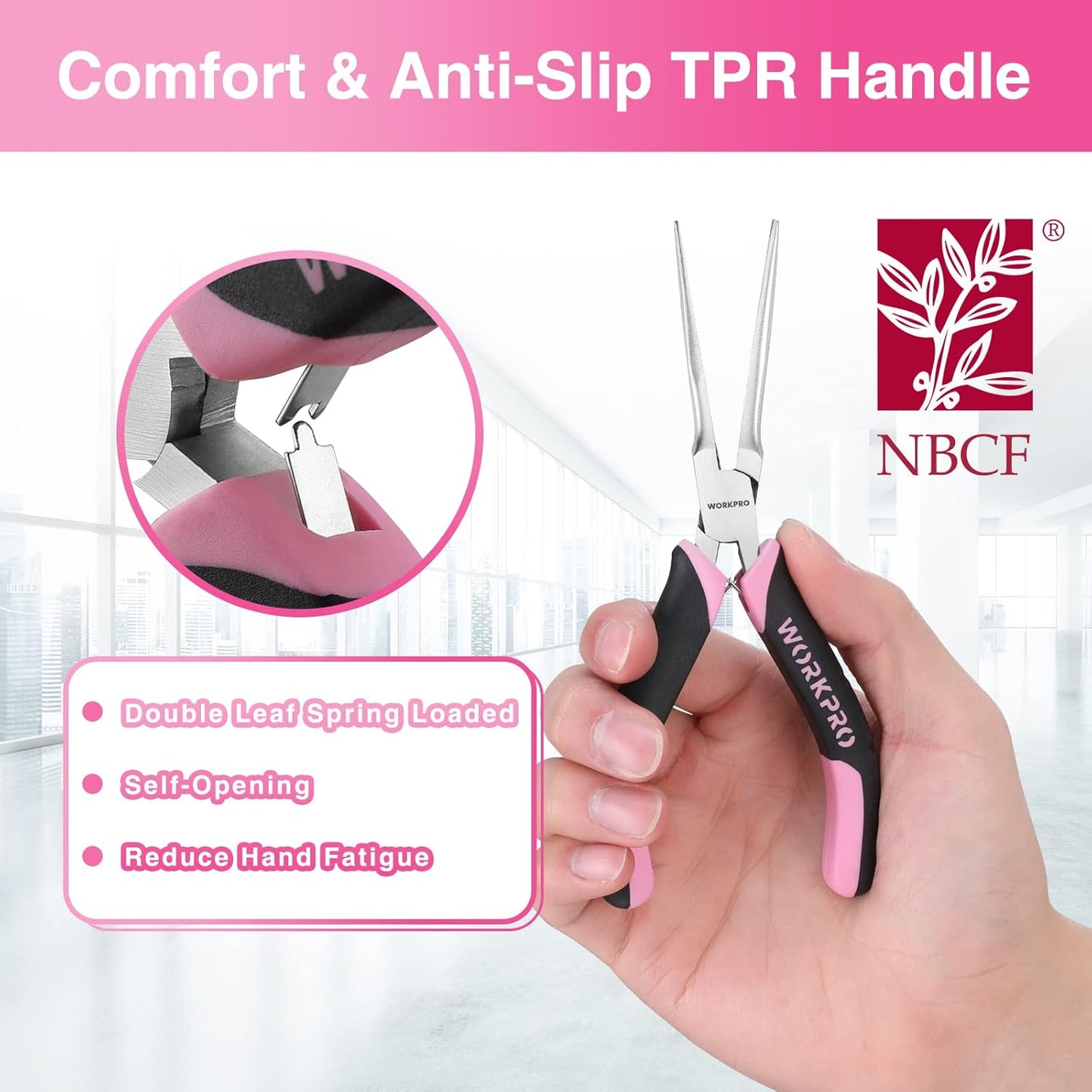 WORKPRO 6-Piece Mini Pliers Set, Needle Nose, Long Nose, Bent Nose, Diagonal, End Cutting and Linesman, for Crafts Work, Electronic Repair, with Pouch - Pink Ribbon