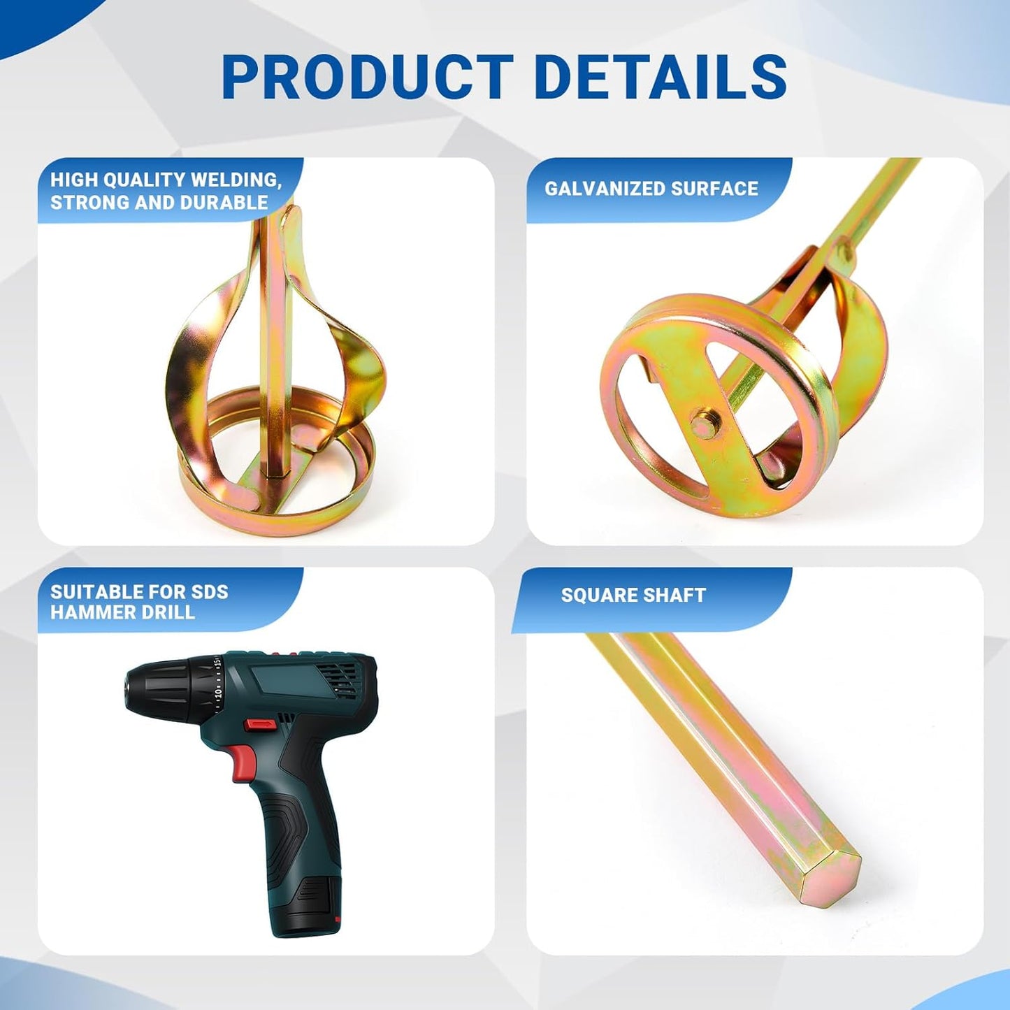 Set of 3 Paint Mixer for Drill Epoxy Resin, Mud, Cement Blades, Paint Stirrer, 15.7" Mixing Paddles and 2.3" Mixing Impeller(Gold)