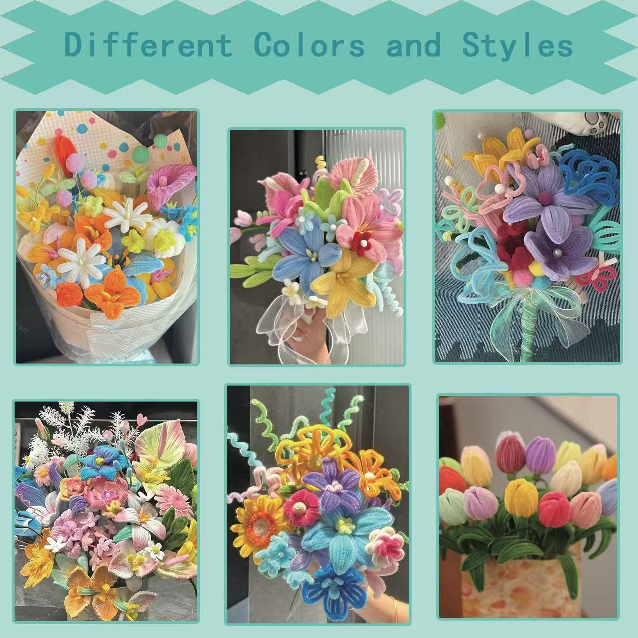 Pipe Cleaners Craft, 400pcs Pipe Cleaners with Flower Stems, Floral Tape, Ribbon, for Flower Bouquet DIY-Colorful
