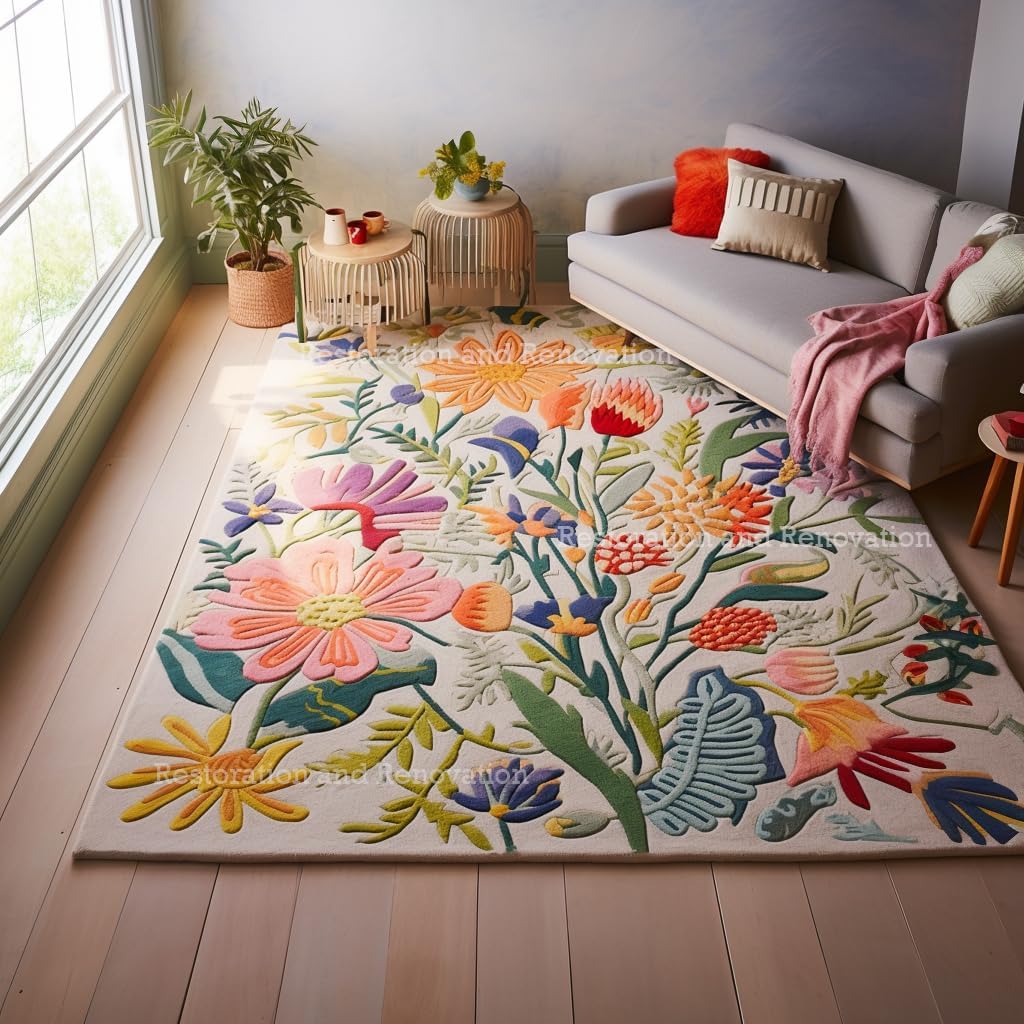 Handmade Wool Floral Area Rug for Living Room | Elegant Flower Garden Design, Soft, Thick and Durable | Bedroom, Dining Room & Home Decor Carpet (6' Round, Floral B)