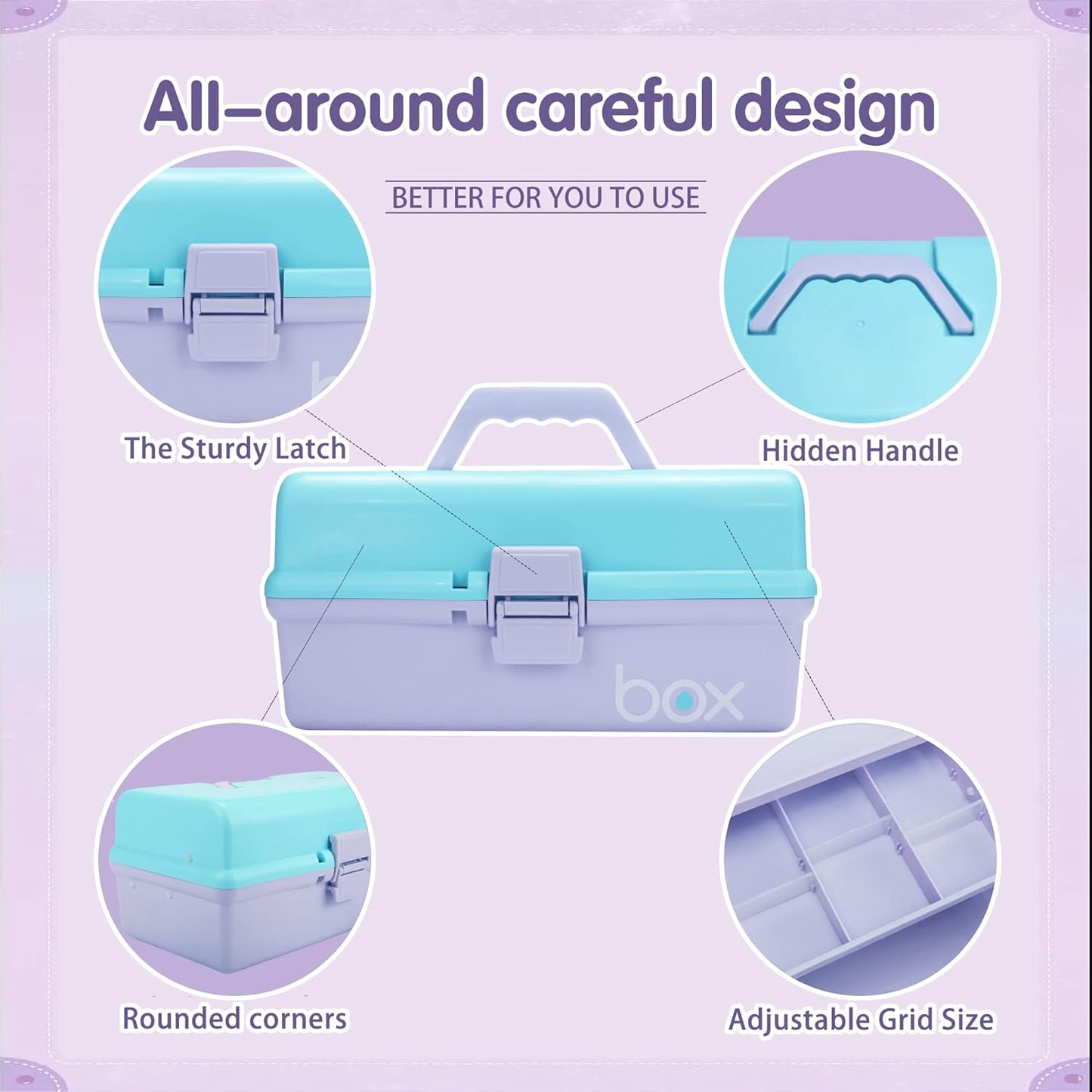 12in Three-Layer Multipurpose Storage Box Organizer Folding Tool Box/Art & Crafts Case/Sewing Supplies Organizer/Medicine Box/Family First Aid Box with 2 Trays (Purple Blue)