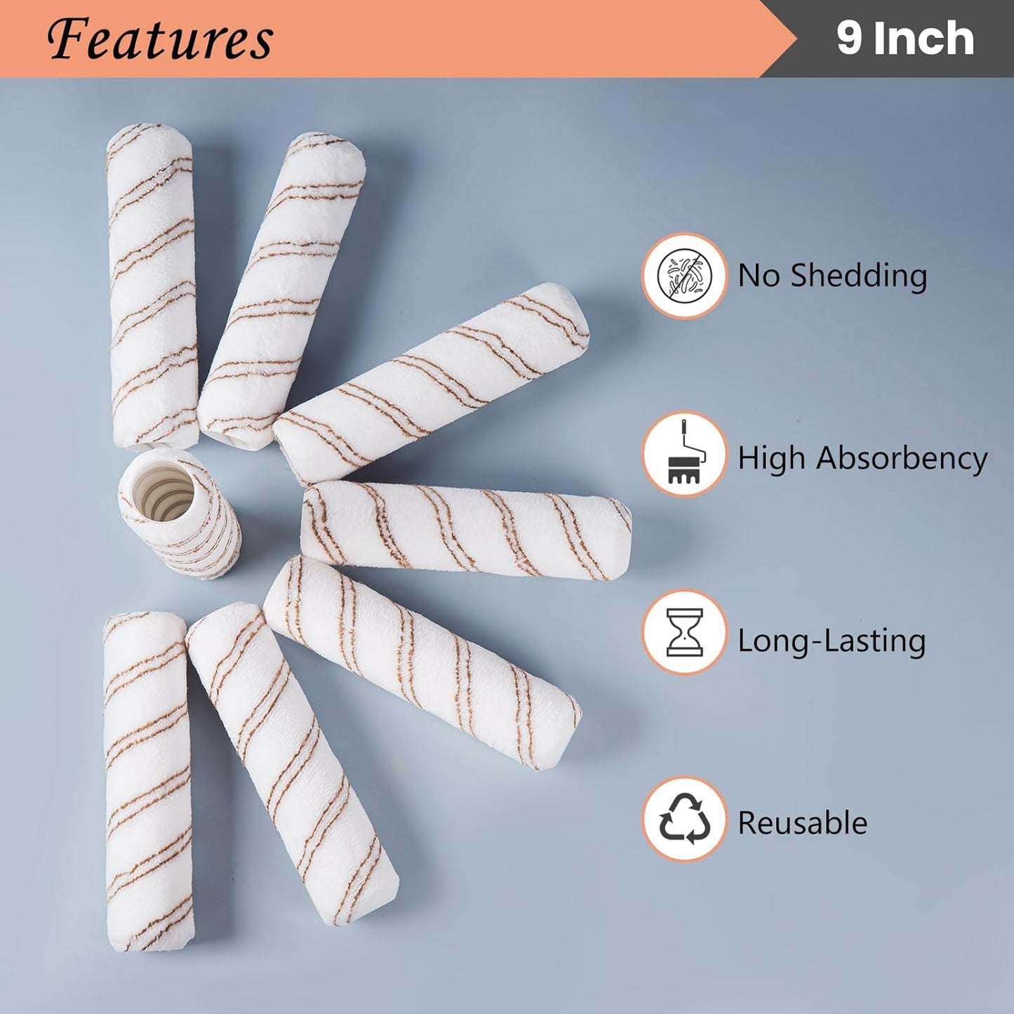 Mister Rui 9 Inch Microfiber Roller Covers 3-Pack, 3/8" Nap Sleeves for Walls & Ceilings, Reusable Paint Rollers for Smooth Finish