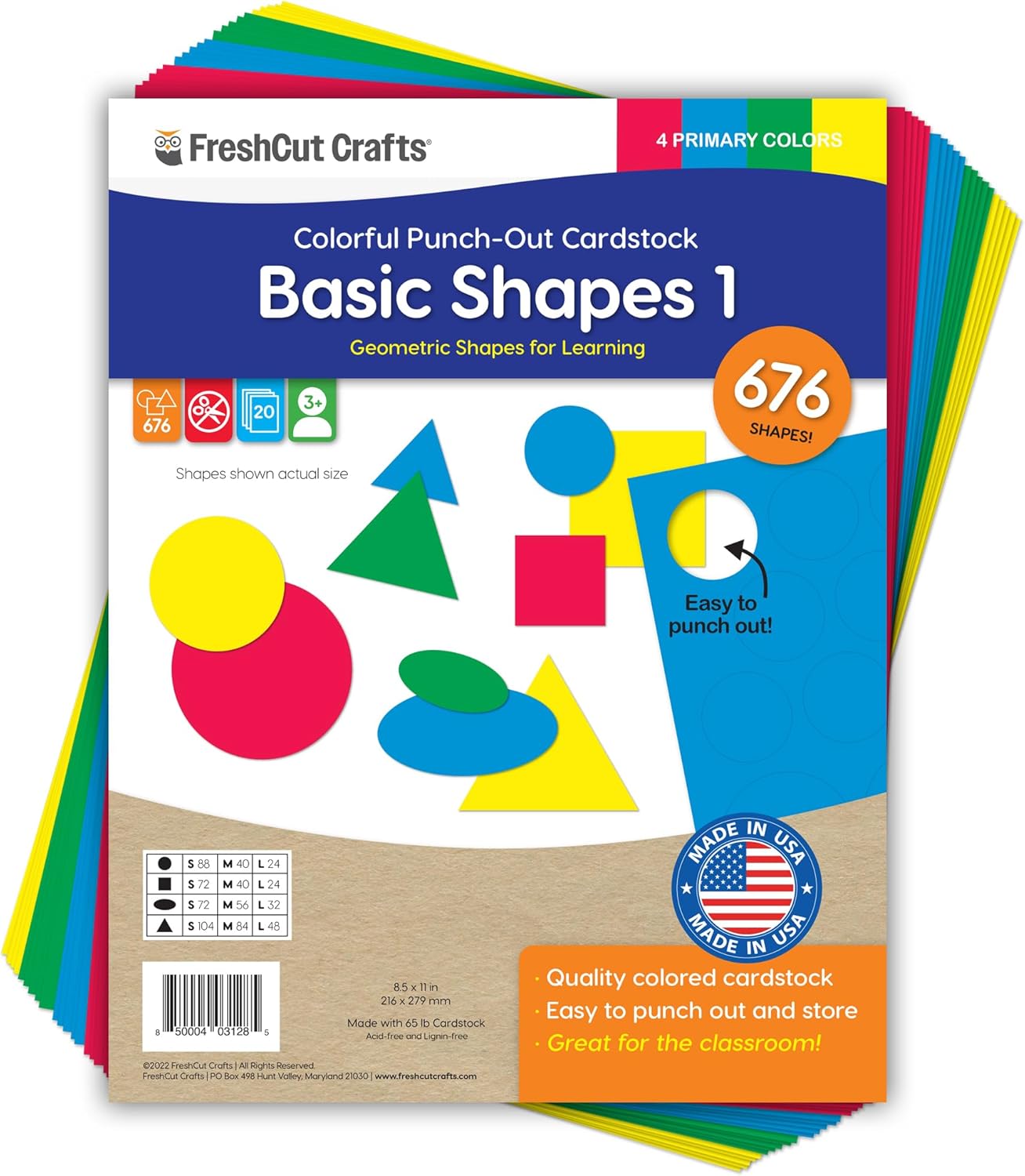 Basic Shapes 1: Circles, Triangles, Squares, Ovals, 676 Pieces US Made Card Stock Punch Out Geometric Shapes in 3 Sizes and 4 PRIMARY Colors for Math, Pattern Play and DIY Crafting