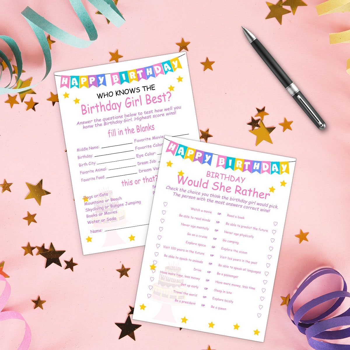 ALodr Girls Birthday Party Set, 20 Birthday Double Sided Cards Set, Girls Birthday Party Activity Notebook Themed Party Activity and Idea - Girl Birthday Supplies, Activity, Decorations