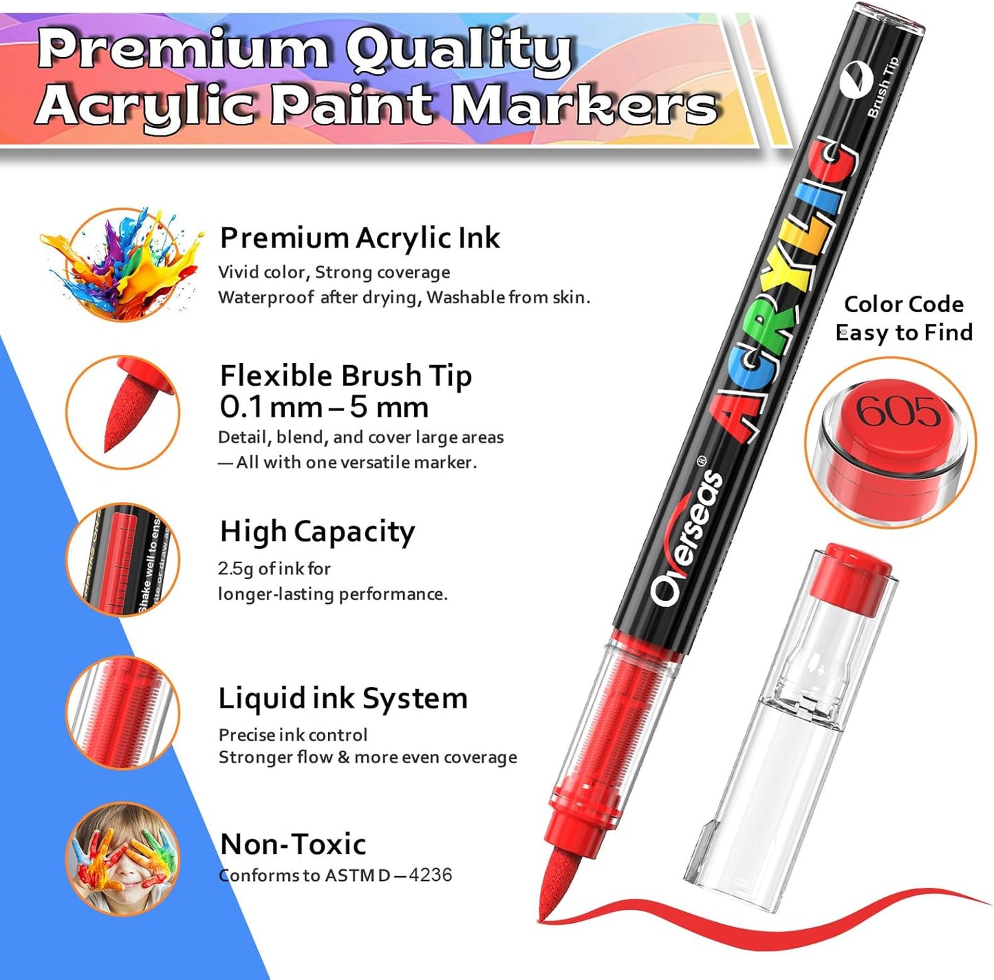 Overseas Acrylic Paint Markers 168 Colors, Brush Tip Paint Pens with Automatic Ink Control System, Quick Drying Liquid Ink Acrylic Marker for Rock, Wood, Canvas, Glass, Fabric, Metal, Plastic, Rubber