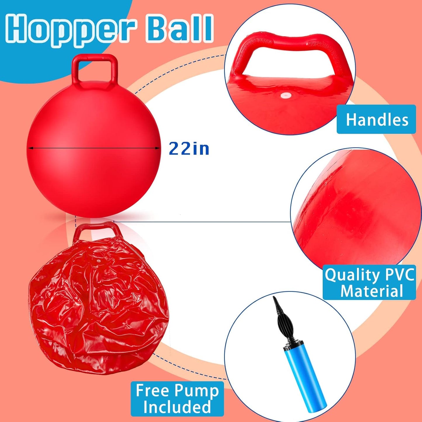 Lewtemi 3 Pcs 22 Inch Bouncing Ball with Handle, Outdoors Hopper Jumping Hopping Ball and Air Pump for Sports Exercise (Red, Blue, Green)