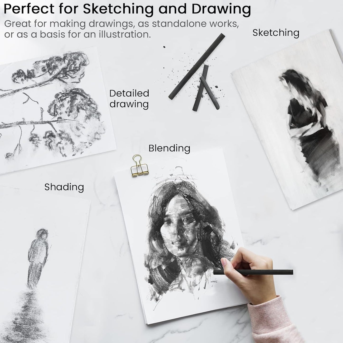 LOONENG Willow Charcoal Sticks, Natural Willow Charcoal for Artists, Beginners or Kids of All Skill Levels, Great for Sketching, Drawing and Shading, Approx 5-7mm in Diameter, Pack of 25