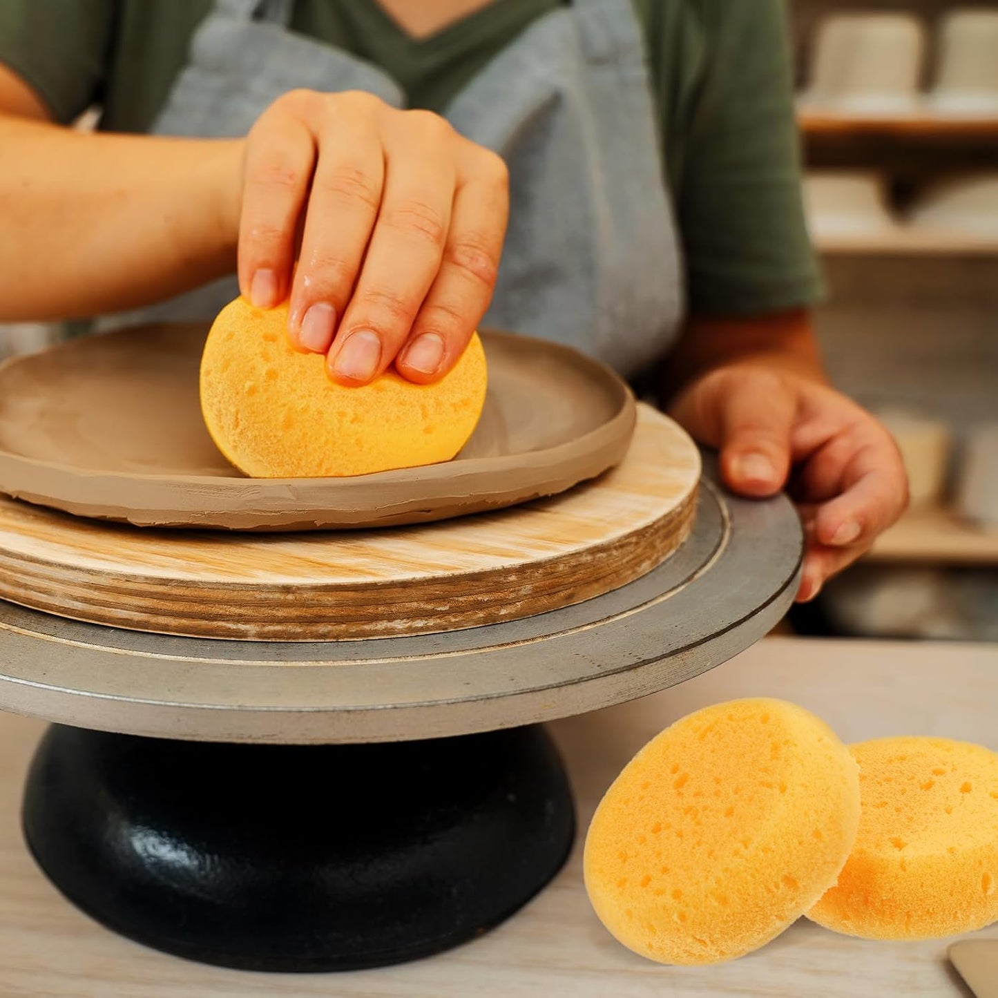 12 PCS Pottery Sponges Elasticity Clay Sponges Round Cleaning Sponge Water Absorption Soap Sponges Soft Yellow Artists Sponge for Kitchen Shoes Leather Care Painting