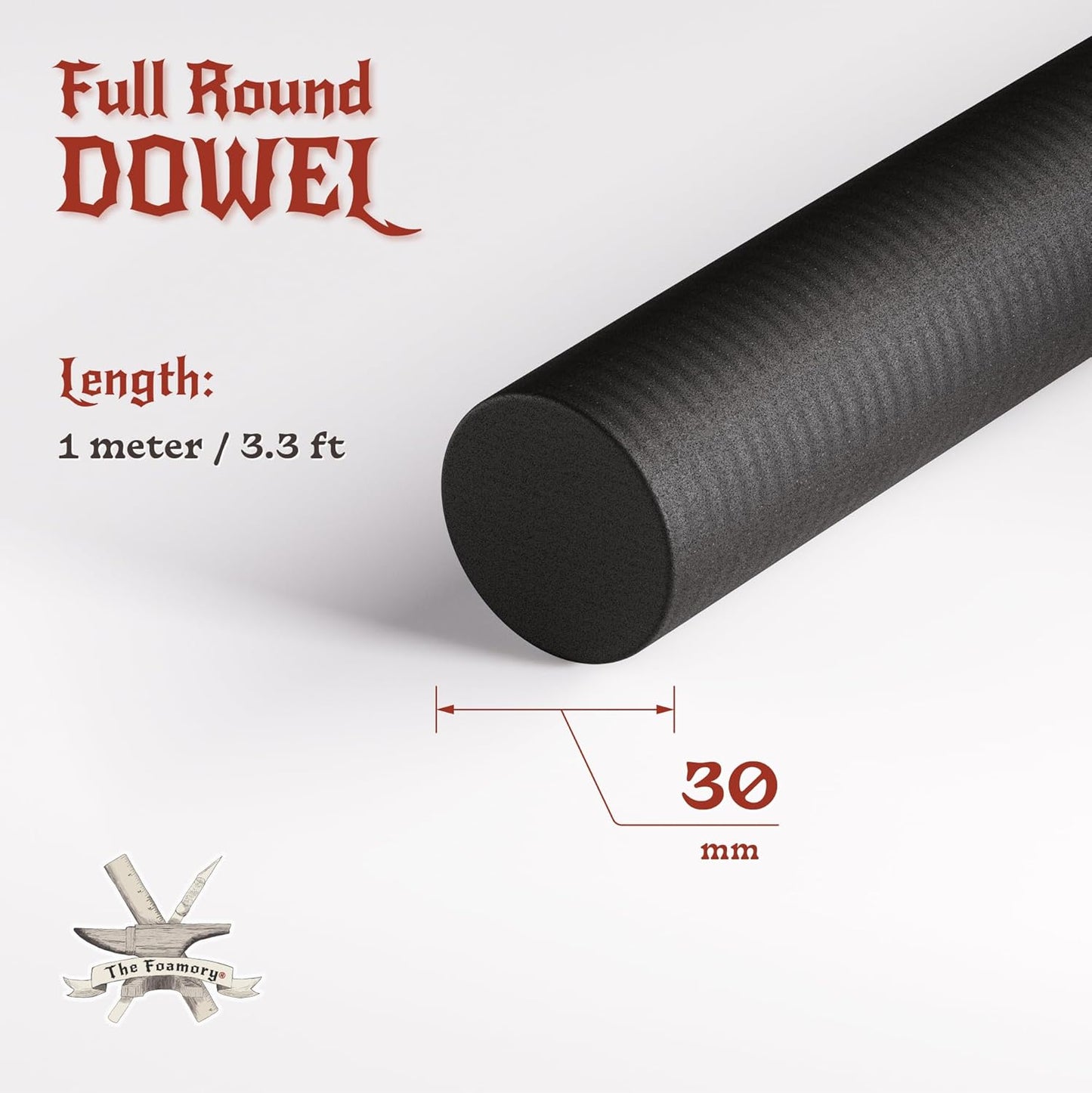 The Foamory's No Waste Full Round EVA Foam Dowel. 5-40mm x 1M High-Density Black Craft Foam Stick. Pre-Cut for Quick Cosplay Armor Trim, Weapon Enhancement and Costumes. Time Saving, Paint-Ready Bevel