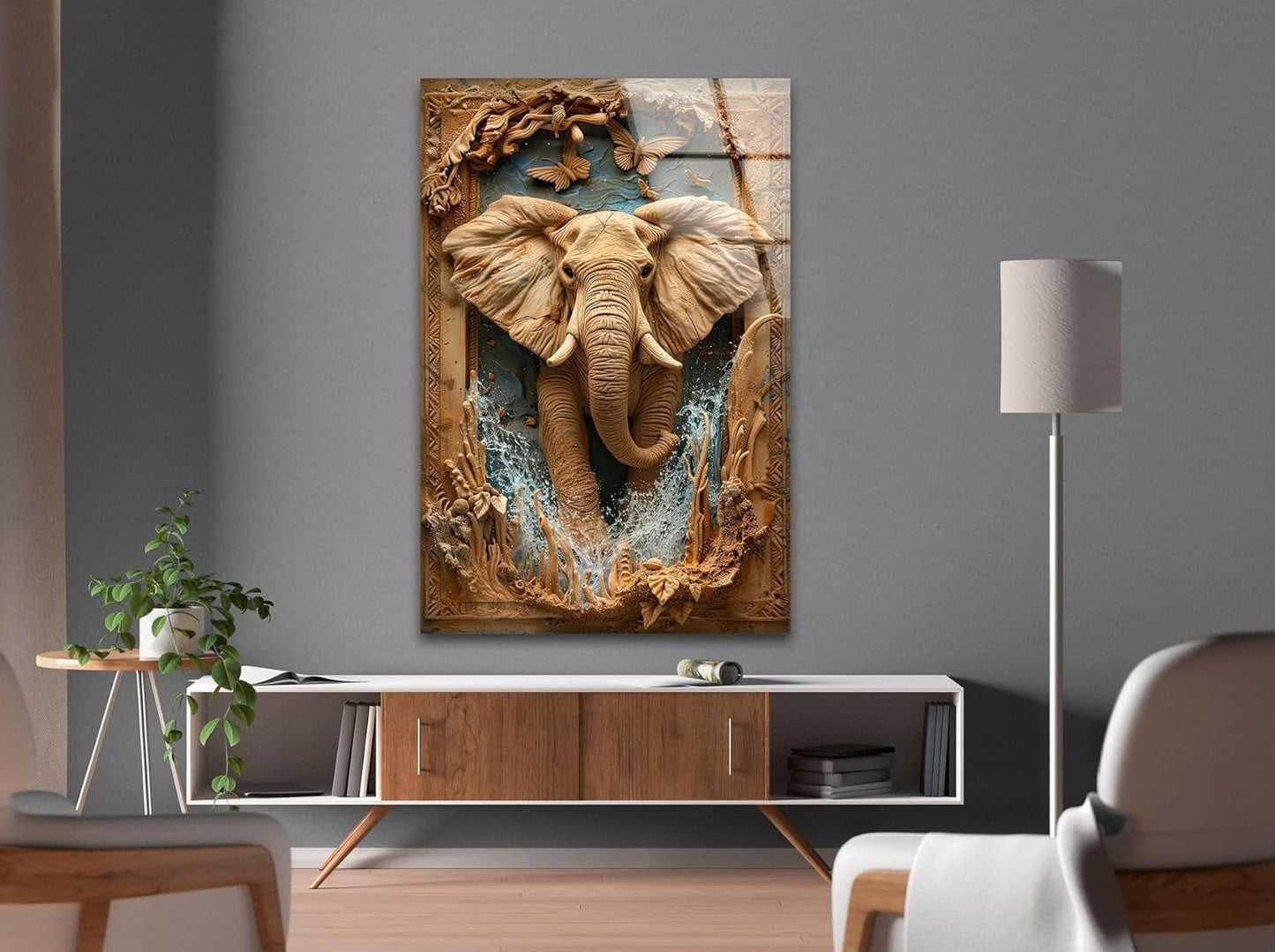 My Photostation.com 18Wx28H'' Elephant Carving Glass Wall Art Tempered Glass Printing Wall Decor Large Wall Art Wall Hangings