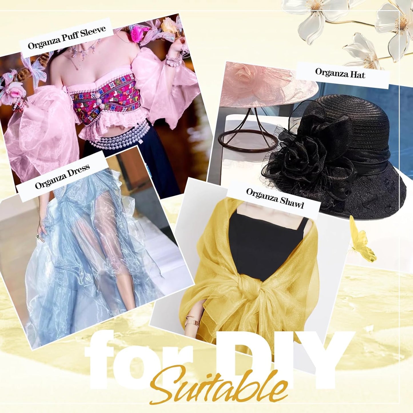 VACVELT Sheer Organza Fabric by The Yard, 60 Inch Wide Gold Organza Fabric Bolt Bridal Sheer Tulle Fabric, Silk Organza Roll for Wedding Party Decorations Backdrop Curtain (1 Yard)