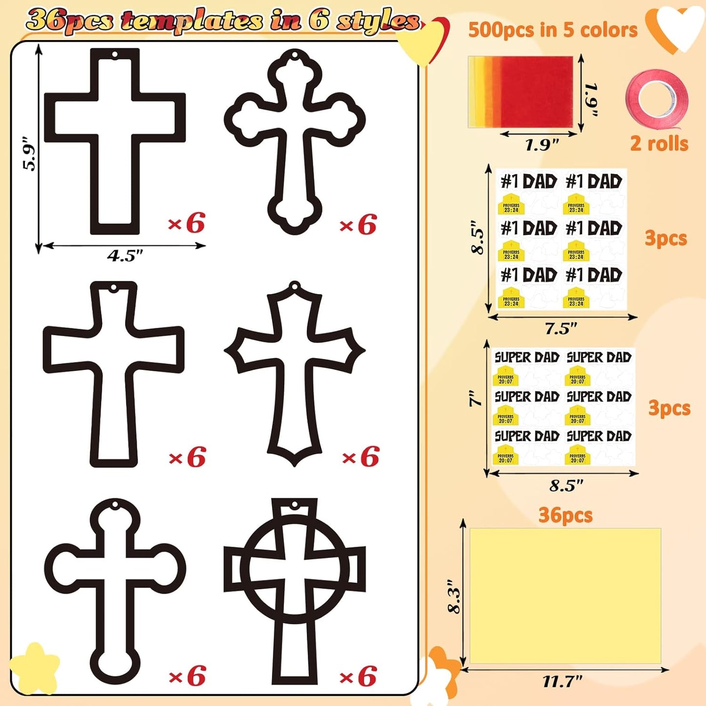 36PCS Fathers Day Crafts Bulk: Father's Religious Paper Suncatchers, Christian Sunday School Classroom Activity DIY Kits Gifts Decorations, Window Stained Glass Effect Art Supplies