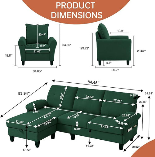 2PCS Sectional Sofa Set with Ottoman, Modern Linen 4 Seater Couch Set with Side - Image 2