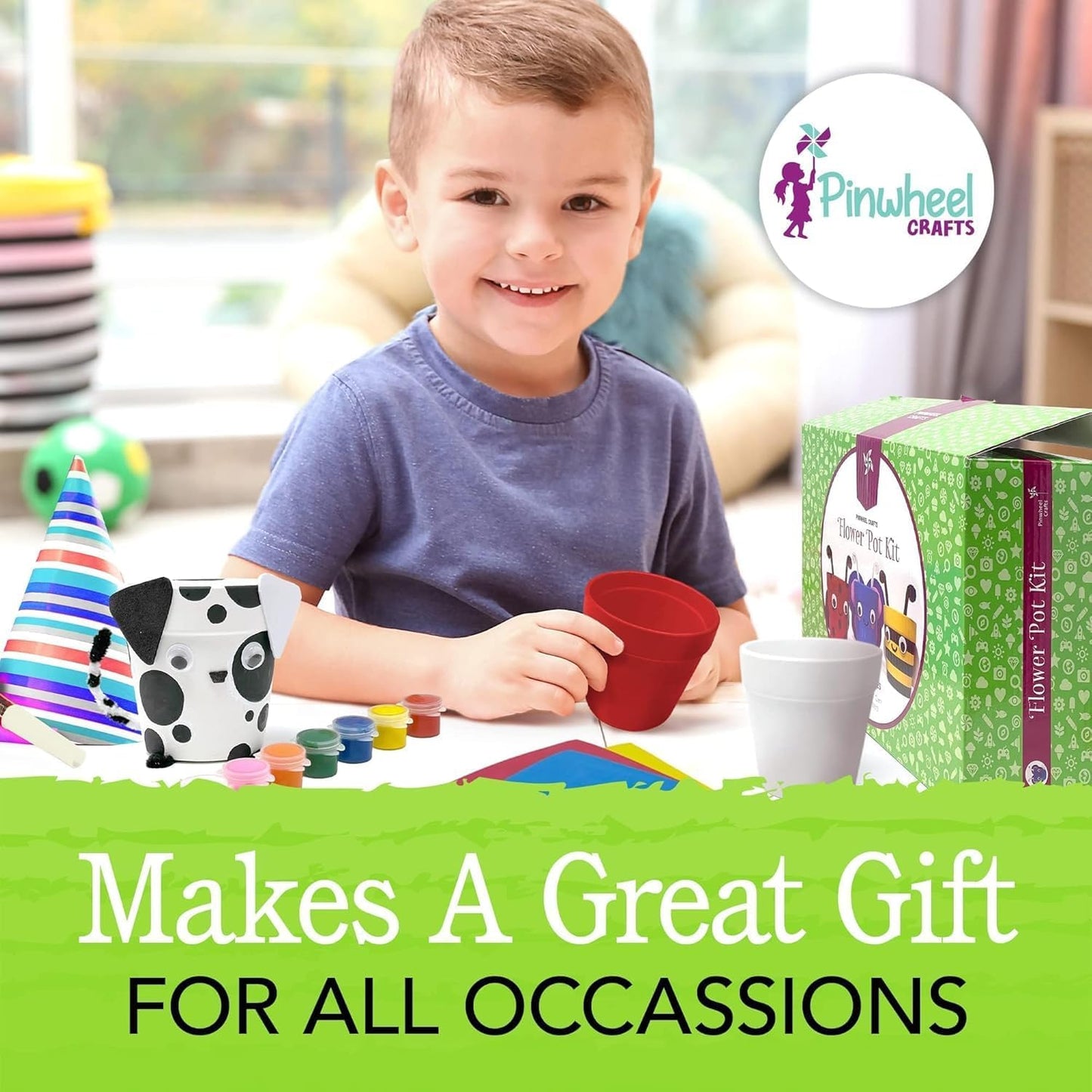 Pinwheel Crafts Flower Pot Painting Kit – Paint Your Own Kids Gardening Set with Seeds, Soil, 8 Paints, 2 Brushes & 3 Pots, DIY Plant Growing Kit for Kids Ages 8-12+, Kid Gardening Set