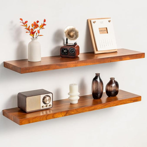 32 Inch Teak Floating Shelves Set of 2 by Unknown