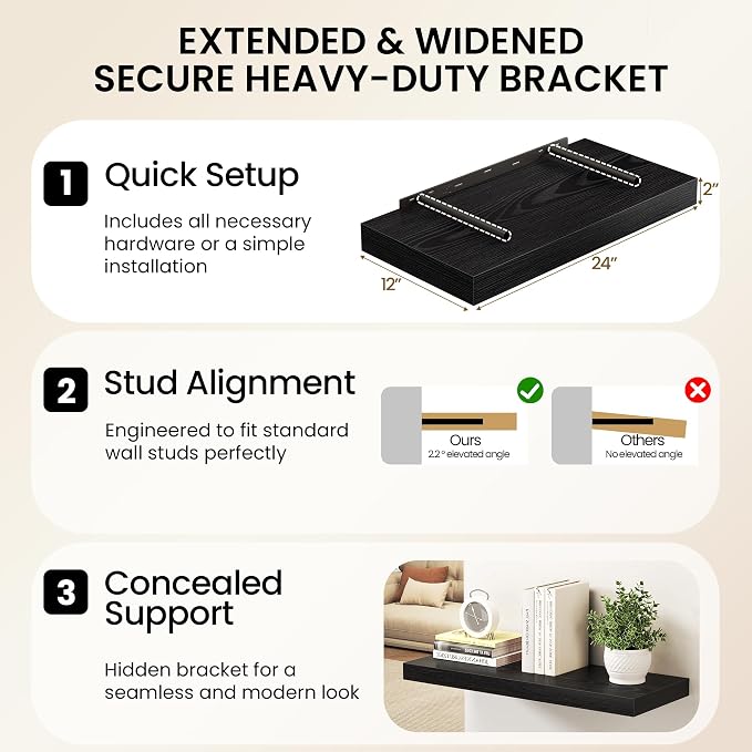 32Inch Black Floating Shelves for Wall, 12 Inch Deep Shelves for Bedroom - Image 6