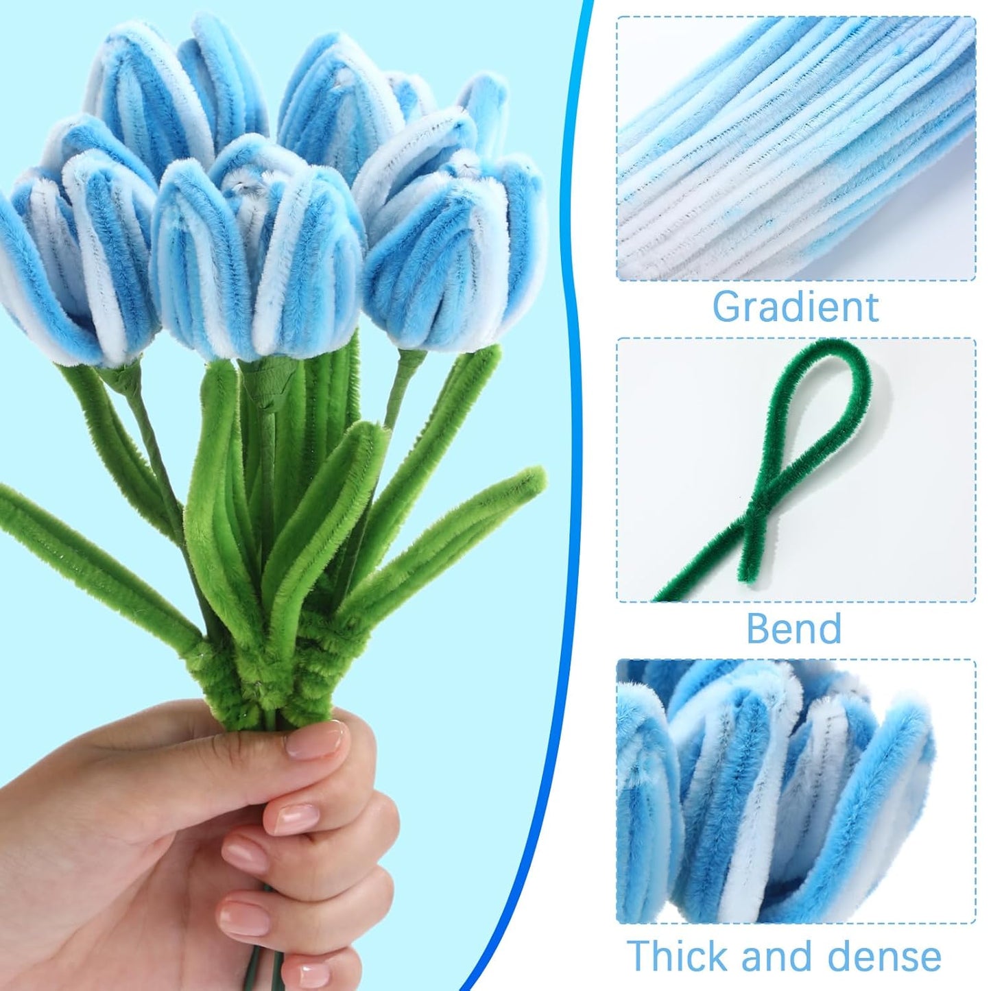 DaisyInner 700 Pcs Halloween Fall Pipe Cleaners Craft Bulk Pastel Chenille Stems Flower DIY Gradient Colored Fluffy for School Classroom Thanksgiving Christmas Party Supplies(Blue Theme)