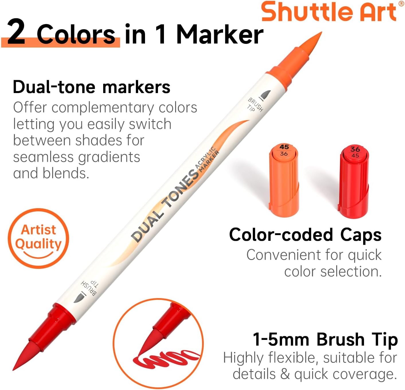 Shuttle Art 60 Pack Dual Tone Acrylic Paint Markers, 120 Colors Acrylic Paint Pens for Rock Painting, Ceramic, Wood, Canvas, Glass, Stone, Fabric, Card Making, DIY & Art Supplies