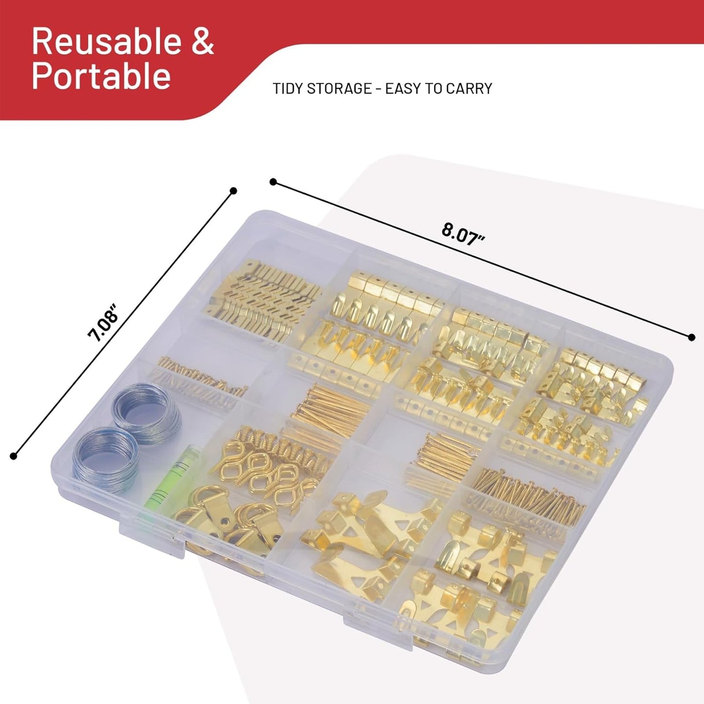 303-Piece Picture Hanging Assortment, Heavy Duty Hooks, Nails, Sawtooth, D-Rings, Wire, Level, and Metal Wall Hooks for Picture Framing and Canvas Mounting (Gold)
