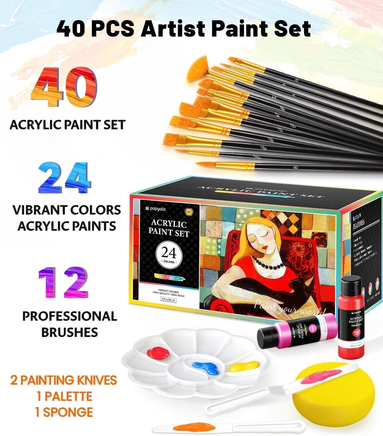 40 PCS Acrylic Paint Set with 12 Brushes, 2 Knives & Palette, 24 Colors (2oz/60ml) Art Craft Paint for Adults Kids Artists Beginners, Halloween Pumpkin Canvas Ceramic Rock Painting Kit