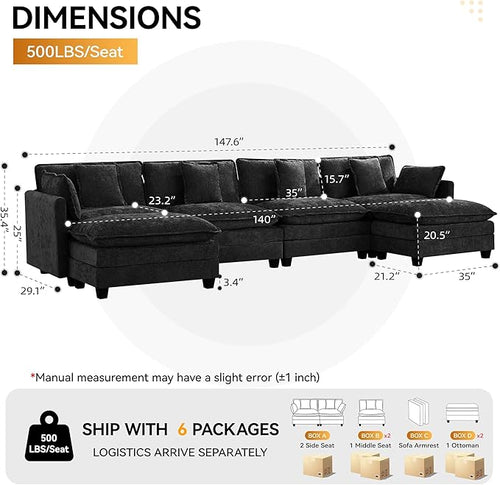 147'' Modualr Sectional Cloud Deep Seat Couch, Oversized Chenille U Shaped - Image 2