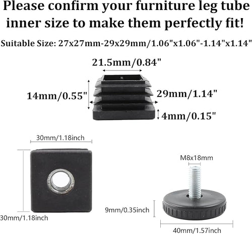 8Pcs Adjustable Leveling Feet, Square Insert Kit, Furniture Glide Leveler - Image 2