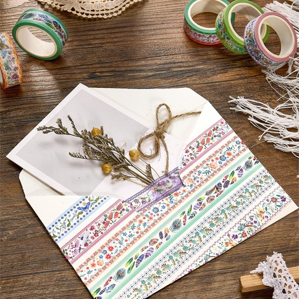 Washi Tape Set 10 Rolls, Embroidery Patterns Decorative Paper Sticker for Planner Scrapbook Journal DIY Arts Craft