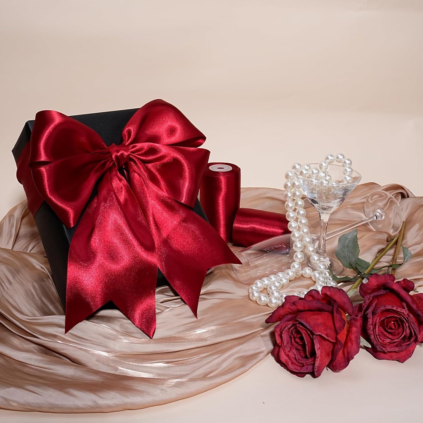 LaRibbons Red Satin Ribbon 3 Inch 10 Yards Christmas Ribbons Double Faced Luxury Burgundy Silk Ribbon for Gift Wrapping Flower Bouquets Bow Christmas Wedding Party Decoration
