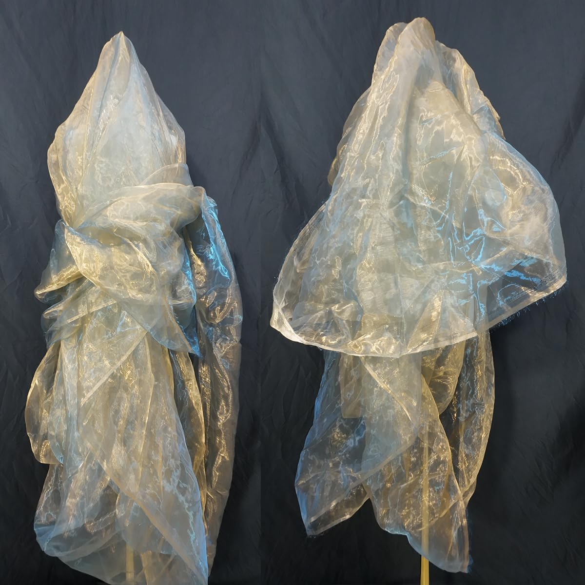 Two-Tone Iridescent Holographic Organza Fabric - 11 Yards by The Yard | Lightweight Sheer Tulle | for Wedding Dresses, Party Decor, DIY Crafts, Shiny Backdrops(Orange-Gold & Blue Sheen)