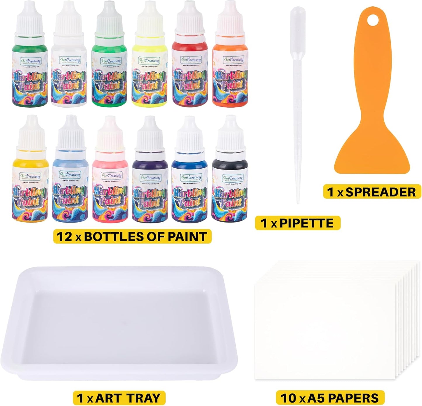 ArtCreativity Water Marbling Paint Art Kit for Kids - Complete Set with 12 Paint Colors, 10 Bags Thickening Powder, 10 A5 Papers, and More - Marble Art Painting Kit - Crafts for Kids Ages 3 and Up
