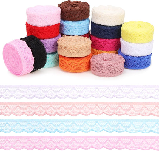 20Pcs 0.6Inch/1.5CM Colorful Lace Ribbon Floral Lace Ribbon Trim Fabric Sewing Vintage Trims Laces for Craft Sewing Making Gift Wrapping Wedding Decorations