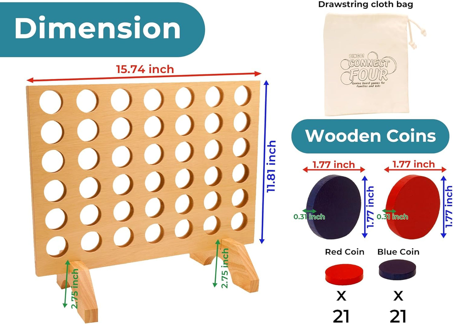 BSIRI Wooden Connect a Row in 4 - Board Games Kids Outdoor Toys Home Decor Rustic Yard Games Family Games for Kids and Adults Giant Jumbo Birthday Gifts for Men