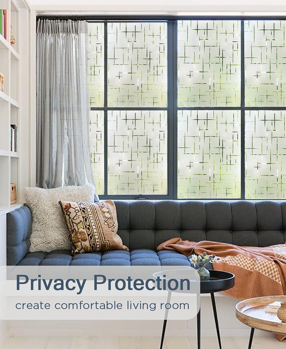 NINETREX Frosted Window Privacy Film,Window Cling Privacy Film, Decorative Glass Static Cling Non-Adhesive Vinyl Removable for Home Office Cross Pattern,17.5 x 157.4Inches