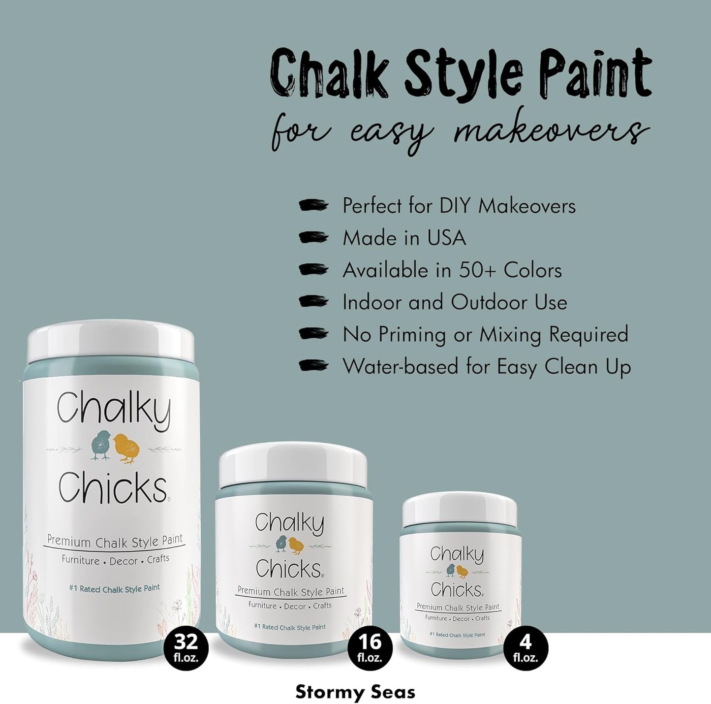 Chalky Chicks All-in-One Chalk Paint for Furniture or Cabinet - 16Fl Oz- Matte Finish Stormy Seas (Light Blue) for Metal, Wood Furniture Paint - No Sanding All-in-One for Home Decor & Crafts, USA Made