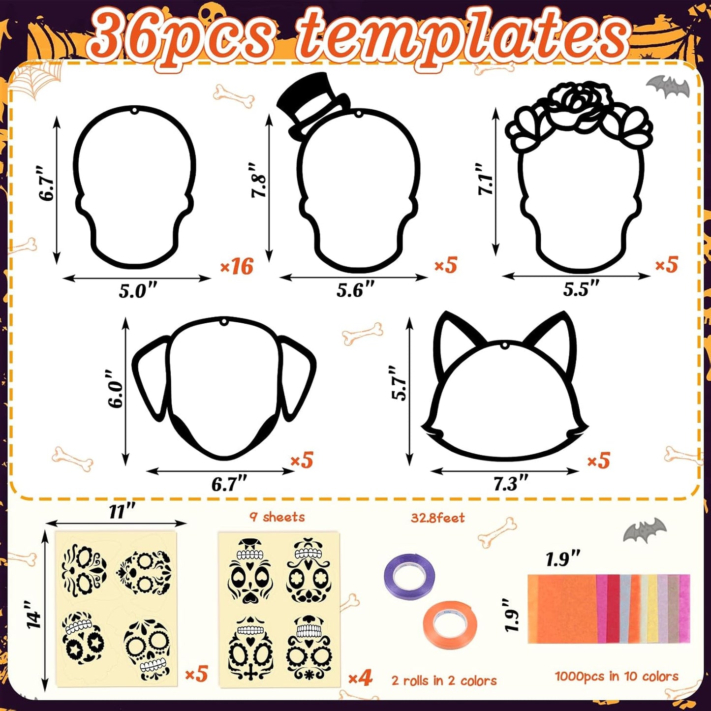 Renbuzhu 36PCS Dia De Los Muertos Crafts Bulk: Sugar Skull Paper Suncatchers DIY Kit for Day of The Dead Halloween Party Activities Decorations, Window Stained Glass Effect Art Supplies